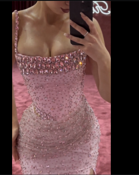 Elegant Mermaid Spaghetti Straps Pink Beads Sequin Slit Prom Dress Long Prom Dresses