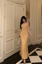 Elegant Mermaid Spaghetti Straps Yellow Long Prom Dresses Birthday Outfits Evening Gown