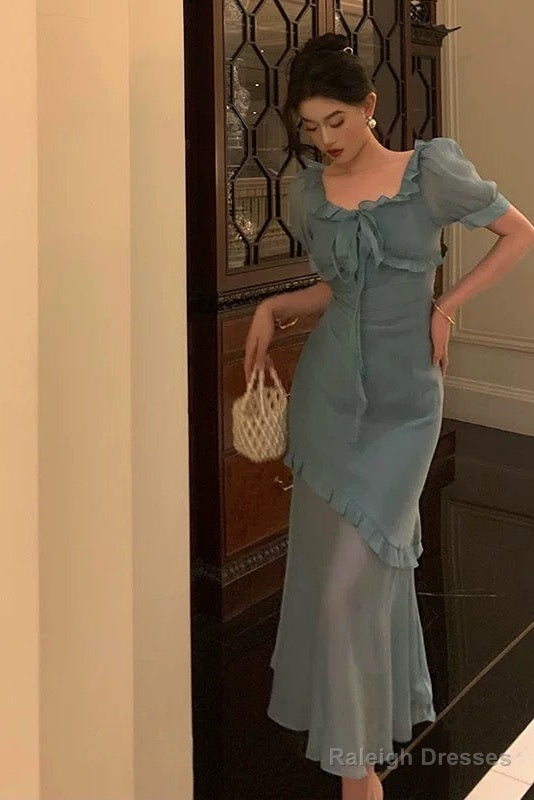 Elegant Mermaid Square Neckline Short Sleeves Blue Chiffon Prom Dresses Birthday Outfits Evening Gown Secondary image