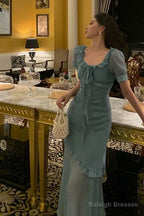 Elegant Mermaid Square Neckline Short Sleeves Blue Chiffon Prom Dress Birthday Outfits Prom Gowns