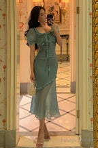 Elegant Mermaid Square Neckline Short Sleeves Blue Chiffon Prom Dress Birthday Outfits Prom Gowns