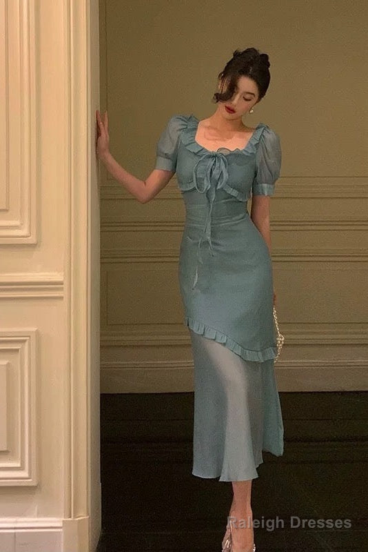 Elegant Mermaid Square Neckline Short Sleeves Blue Chiffon Prom Dresses Birthday Outfits Evening Gown