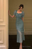Elegant Mermaid Square Neckline Short Sleeves Blue Chiffon Prom Dress Birthday Outfits Prom Gowns