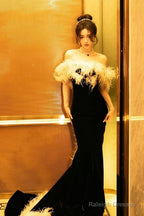 Elegant Mermaid Strapless Black Velvet Prom Dresses Long Formal Dress