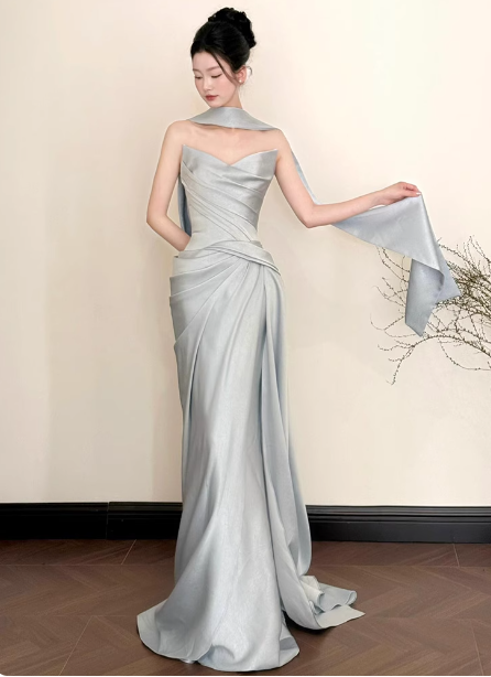 Elegant Mermaid Strapless Ruffled Satin Train Formal Prom Dress Secondary image