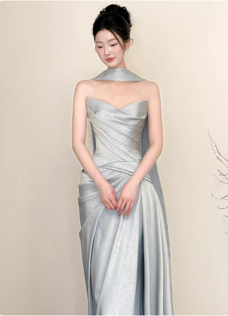 Elegant Mermaid Strapless Ruffled Satin Train Formal Prom Dress