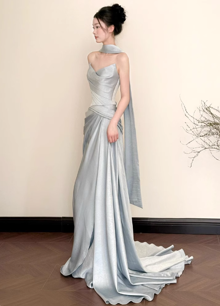 Elegant Mermaid Strapless Ruffled Satin Train Formal Prom Dress