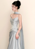 Elegant Mermaid Strapless Ruffled Satin Train Formal Prom Dress