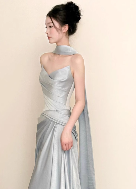 Elegant Mermaid Strapless Ruffled Satin Train Formal Prom Dress