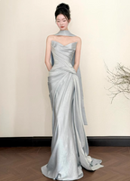 Elegant Mermaid Strapless Ruffled Satin Train Formal Prom Dress