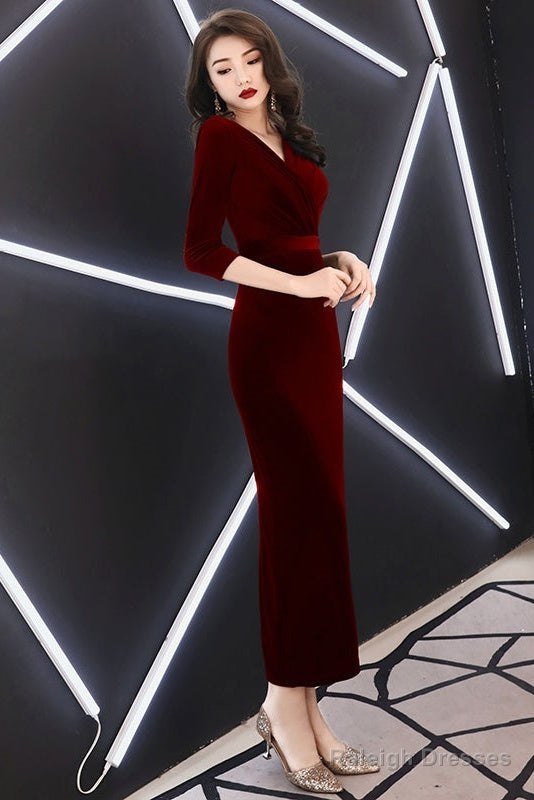 Elegant Mermaid Tea Length Wedding Prom Dresses Velvet Burgundy Prom Dresses Secondary image
