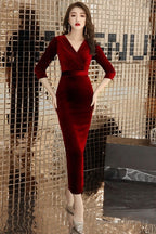 Elegant Mermaid Tea Length Wedding Prom Dresses Velvet Burgundy Prom Dresses