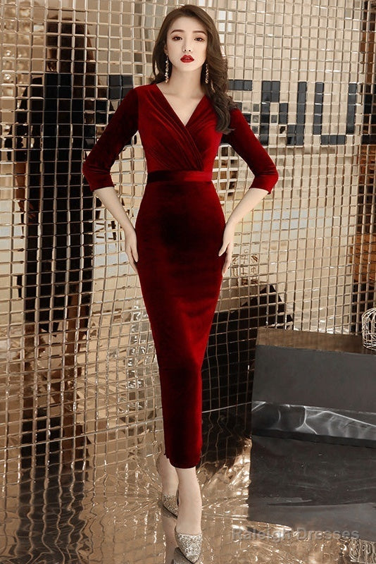 Elegant Mermaid Tea Length Wedding Prom Dresses Velvet Burgundy Prom Dresses