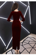 Elegant Mermaid Tea Length Wedding Prom Dresses Velvet Burgundy Prom Dresses