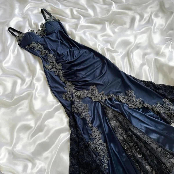 Elegant Navy Blue Spaghetti Straps Mermaid Satin Appliques Prom Dress Prom Dress