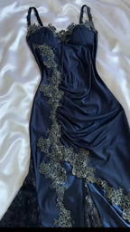 Elegant Navy Blue Spaghetti Straps Mermaid Satin Appliques Prom Dress Prom Dress