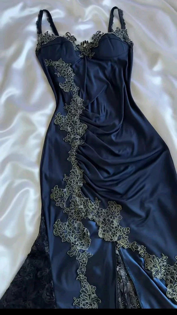 Elegant Navy Blue Spaghetti Straps Mermaid Satin Appliques Prom Dress Prom Dress