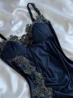 Elegant Navy Blue Spaghetti Straps Mermaid Satin Appliques Prom Dress Prom Dress