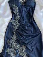 Elegant Navy Blue Spaghetti Straps Mermaid Satin Appliques Prom Dress Prom Dress