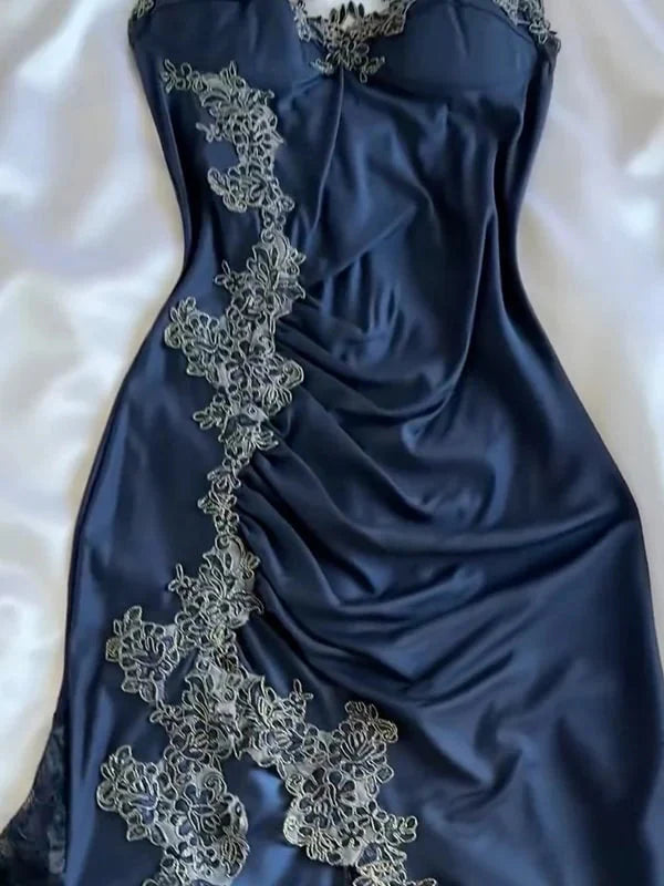 Elegant Navy Blue Spaghetti Straps Mermaid Satin Appliques Prom Dress Prom Dress