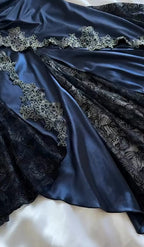 Elegant Navy Blue Spaghetti Straps Mermaid Satin Appliques Prom Dress Prom Dress