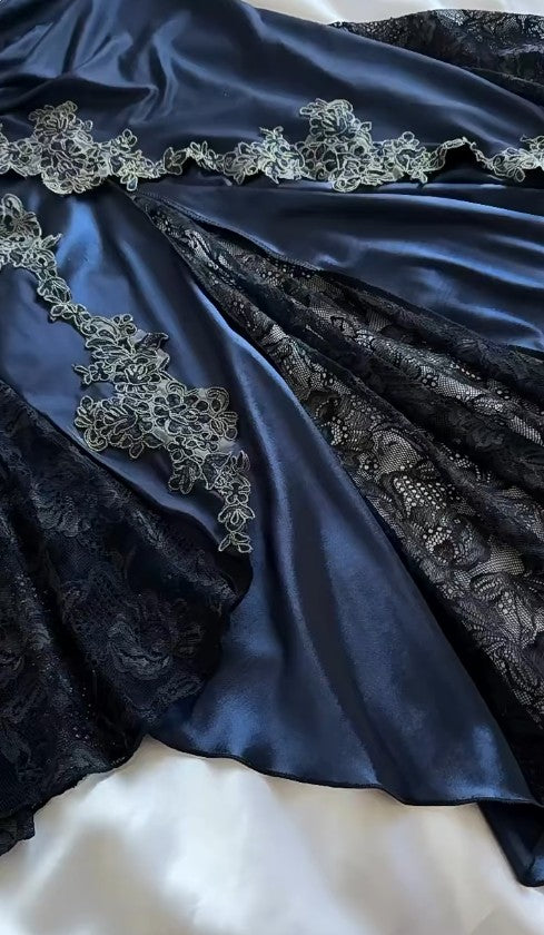 Elegant Navy Blue Spaghetti Straps Mermaid Satin Appliques Prom Dress Prom Dress