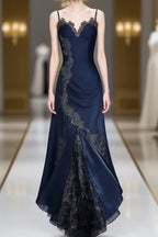 Elegant Navy Blue Spaghetti Straps Mermaid Satin Appliques Prom Dress Prom Dress