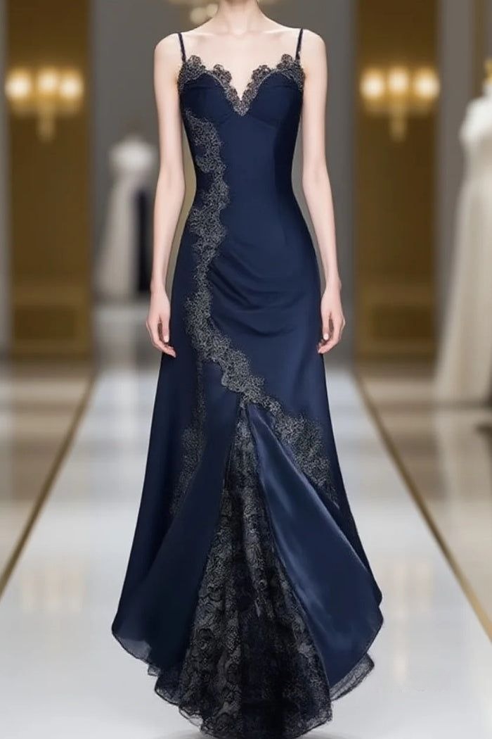 Elegant Navy Blue Spaghetti Straps Mermaid Satin Appliques Prom Dress Prom Dress