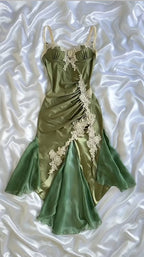 Elegant Navy Blue Spaghetti Straps Mermaid Satin Appliques Prom Dress Prom Dress