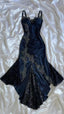 Elegant Navy Blue Spaghetti Straps Mermaid Satin Appliques Prom Dress Prom Dress