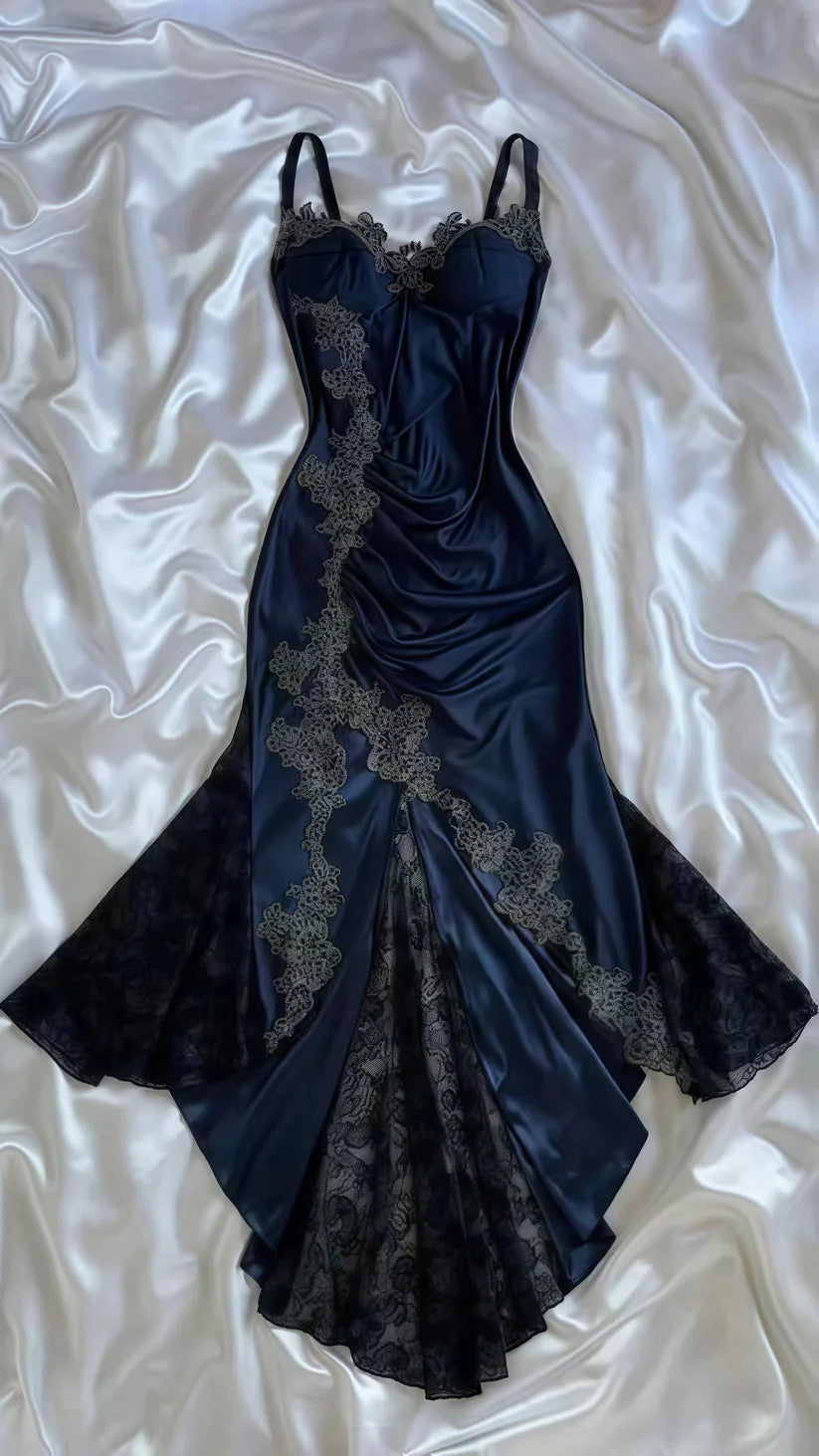 Elegant Navy Blue Spaghetti Straps Mermaid Satin Appliques Prom Dress Prom Dress Main image