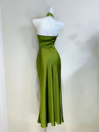 Elegant Minimalist Green Slim Halter Neck Satin Long Formal Prom Dress