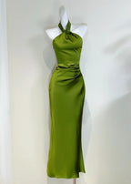 Elegant Minimalist Green Slim Halter Neck Satin Long Formal Prom Dress