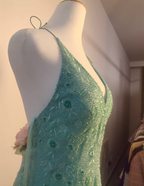 Elegant Mint Green Fitted Beaded Halter Neck Backless Long Formal Prom Dress