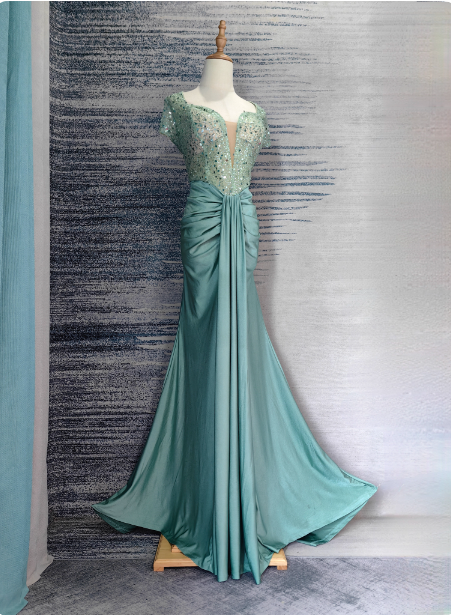 Elegant Mint Green Mermaid Sequin Satin Train Formal Prom Dress Secondary image
