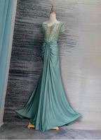 Elegant Mint Green Mermaid Sequin Satin Train Formal Prom Dress