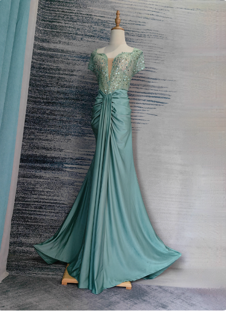 Elegant Mint Green Mermaid Sequin Satin Train Formal Prom Dress