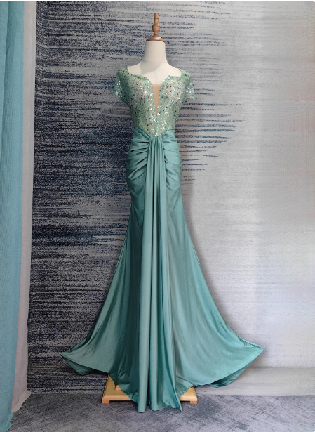Elegant Mint Green Mermaid Sequin Satin Train Formal Prom Dress Main image