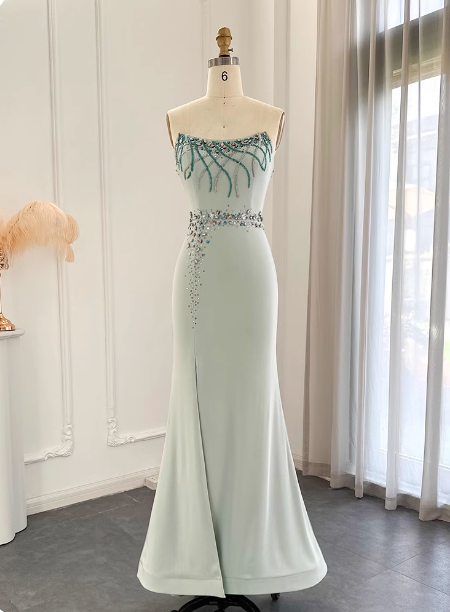 Elegant Mint Green Mermaid Strapless Rhinestone Hotfix Slit Satin Long Formal Prom Dress Secondary image