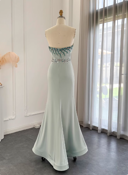 Elegant Mint Green Mermaid Strapless Rhinestone Hotfix Slit Satin Long Formal Prom Dress