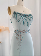 Elegant Mint Green Mermaid Strapless Rhinestone Hotfix Slit Satin Long Formal Prom Dress