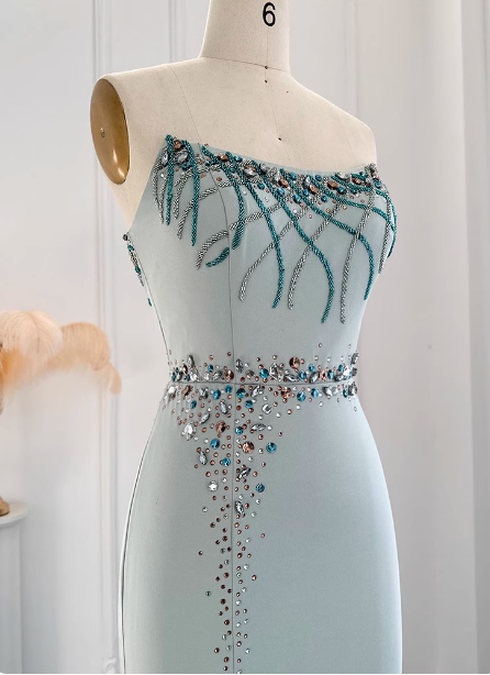 Elegant Mint Green Mermaid Strapless Rhinestone Hotfix Slit Satin Long Formal Prom Dress