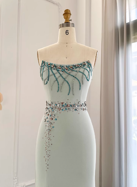Elegant Mint Green Mermaid Strapless Rhinestone Hotfix Slit Satin Long Formal Prom Dress