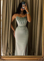Elegant Mint Green Mermaid Strapless Rhinestone Hotfix Slit Satin Long Formal Prom Dress