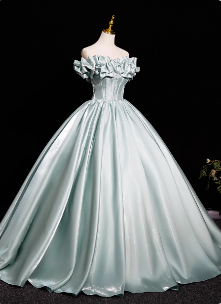 Elegant Mint Light Green Off-The-Shoulder Satin Ball Gown Prom Dress Sweet 16 Dress