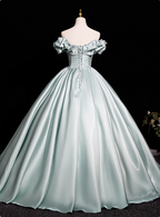 Elegant Mint Light Green Off-The-Shoulder Satin Ball Gown Prom Dress Sweet 16 Dress