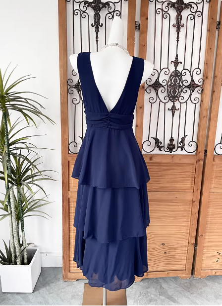 Elegant Navy Blue A-Line V-Neck Ruffled Layered Chiffon Formal Prom Dress
