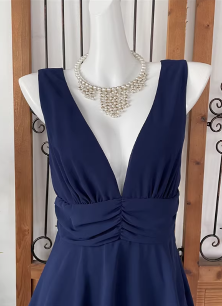 Elegant Navy Blue A-Line V-Neck Ruffled Layered Chiffon Formal Prom Dress