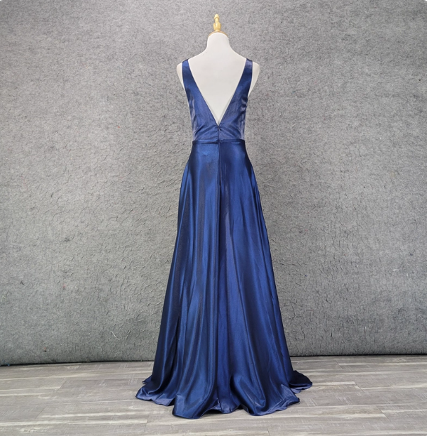 Elegant Navy Blue A-Line V-Neck Satin Long Formal Prom Dress