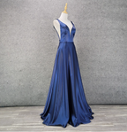 Elegant Navy Blue A-Line V-Neck Satin Long Formal Prom Dress